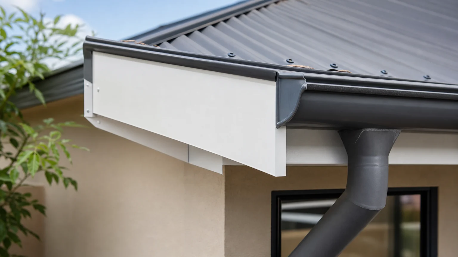 New metal fascia cover beneath a residential roof edge