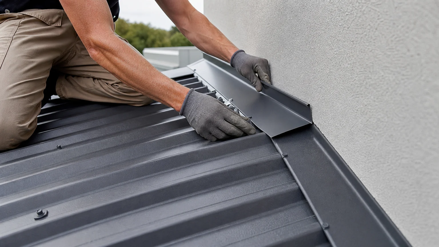 Roof plumber installing folded metal wall flashing