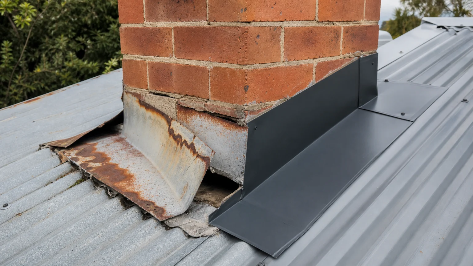 Old chimney flashing beside a newly folded replacement section