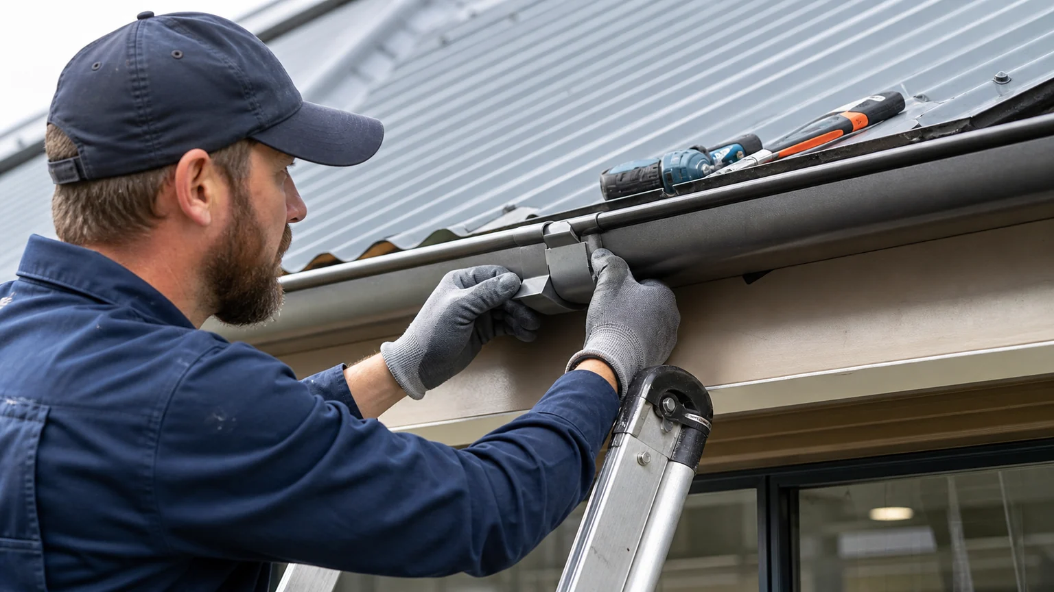 Roof plumber repairing a residential gutter joint