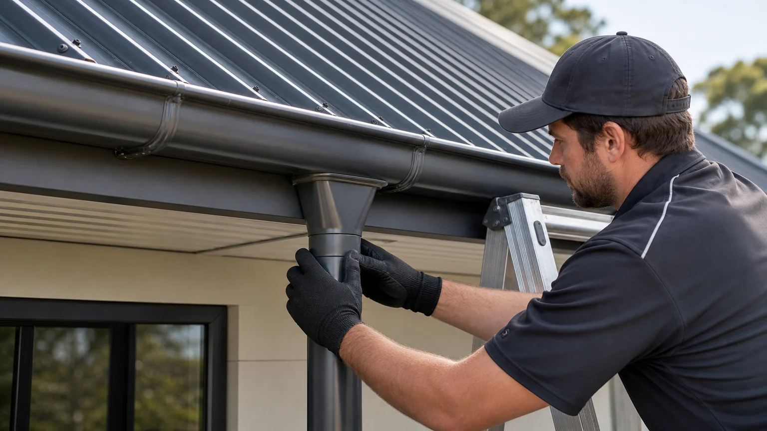 Roof plumber inspecting a downpipe connection beneath a corrugated metal roof