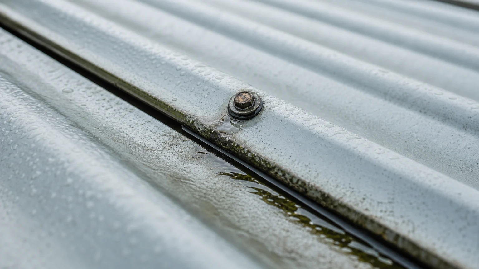 Aged fastener and water track on a corrugated metal roof