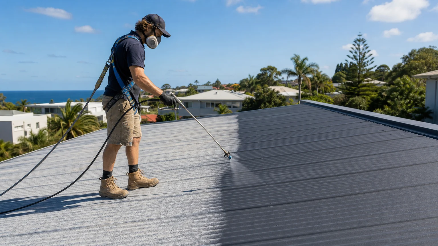 Roofing professional applying a charcoal coating to a corrugated metal roof