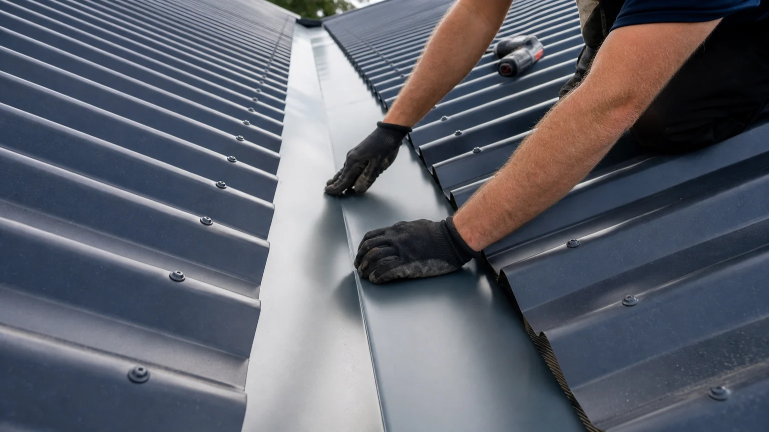 Roof plumber fitting a new valley tray between corrugated metal roof planes