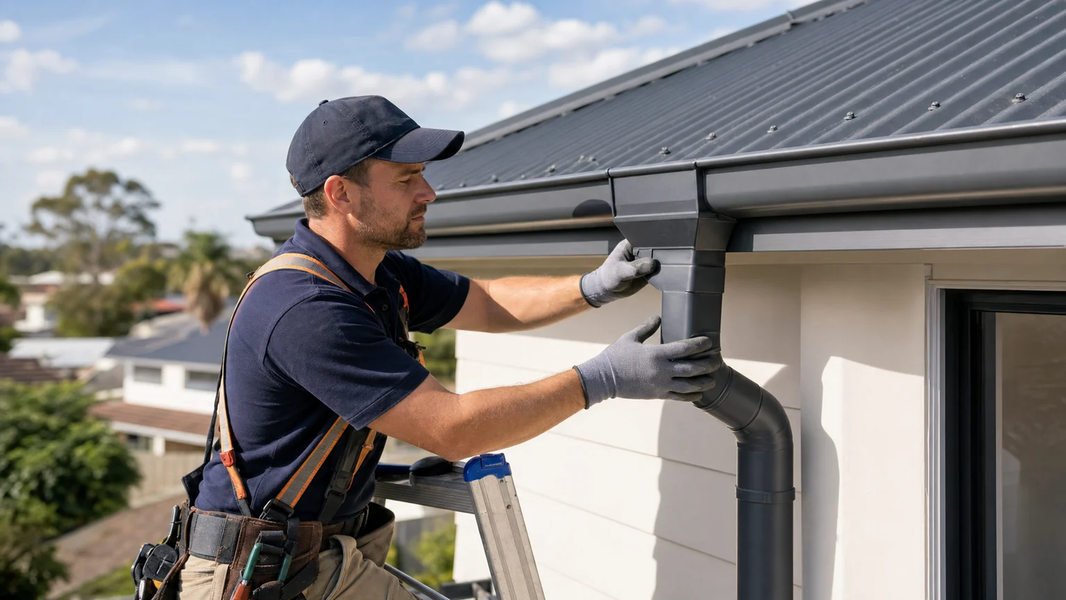 Roof plumber inspecting a gutter outlet and connected downpipe
