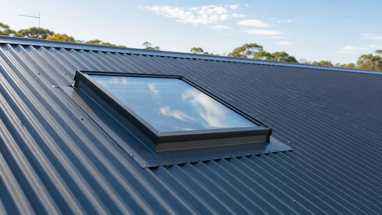 Low-profile skylight with flashing on a corrugated metal roof